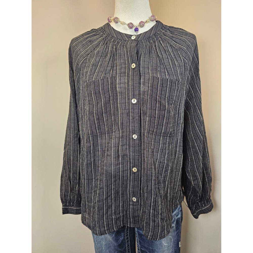 Wrap London Black Striped Button Front Blouse Band Collar NWT US 6 ZF92.10.C